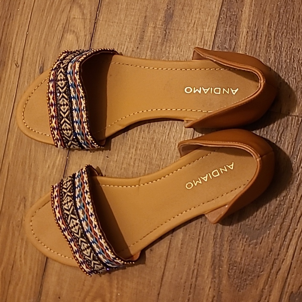 Andiamo Women’s Tan Slide Sandals with Embroidered Strap